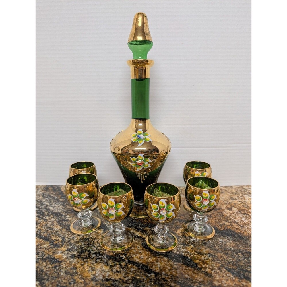 VTG Venetian Glasswear Decanter Hand Painted Floral Gold Emerald Green 5 Glasses